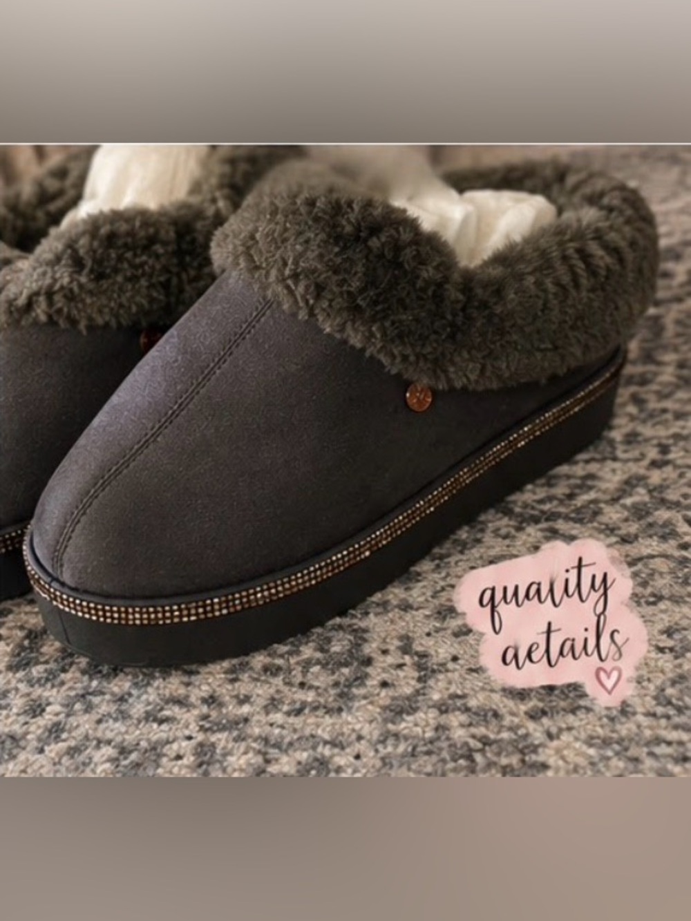 Joy Mangano Dark grey Fur-Lined Slip-On Shoes with Rhinestone Detail NIB NWT